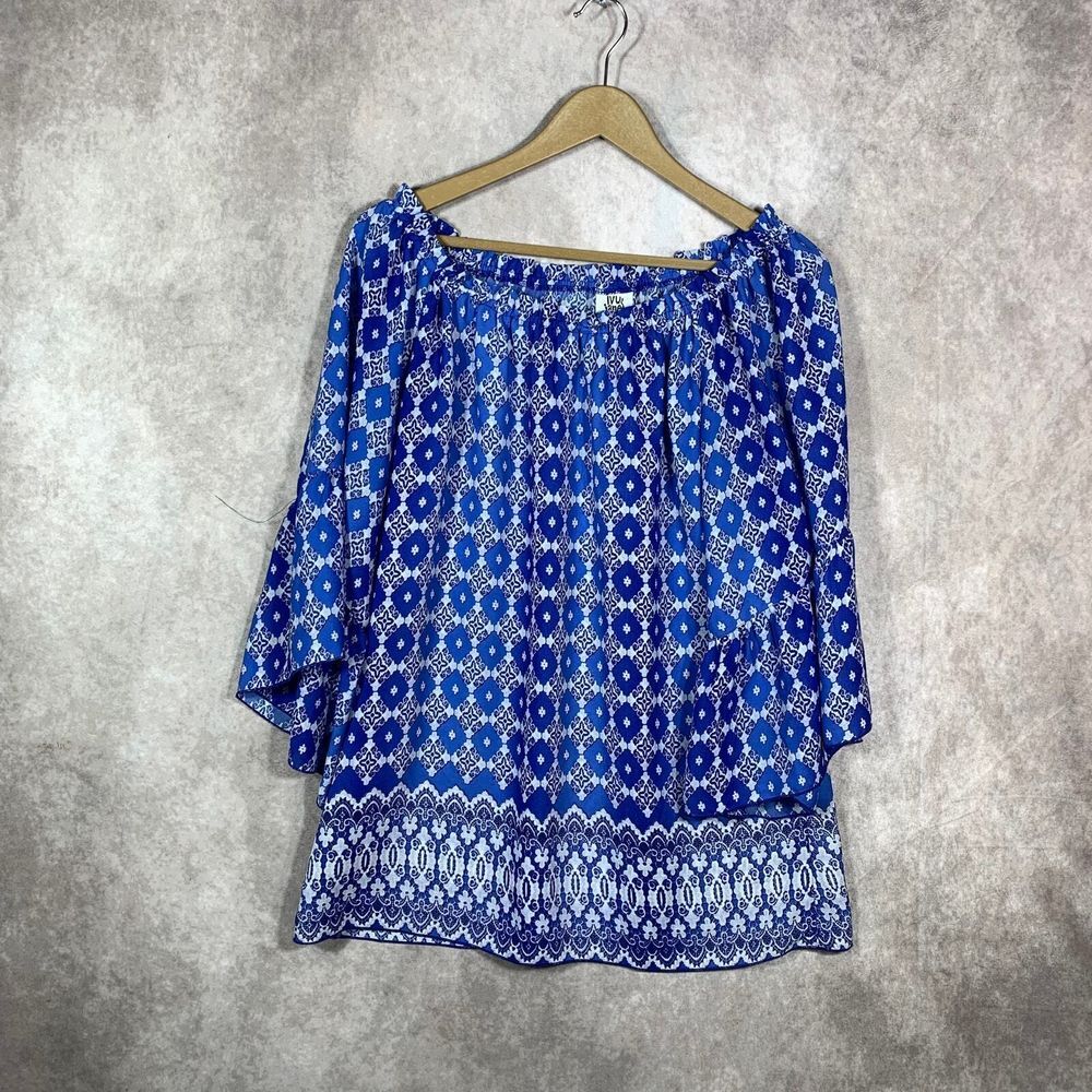 Ivy Jane Blouse Womens Size XS Blue Floral Off The Shoulder‎ 3/4 Sleeves Boho